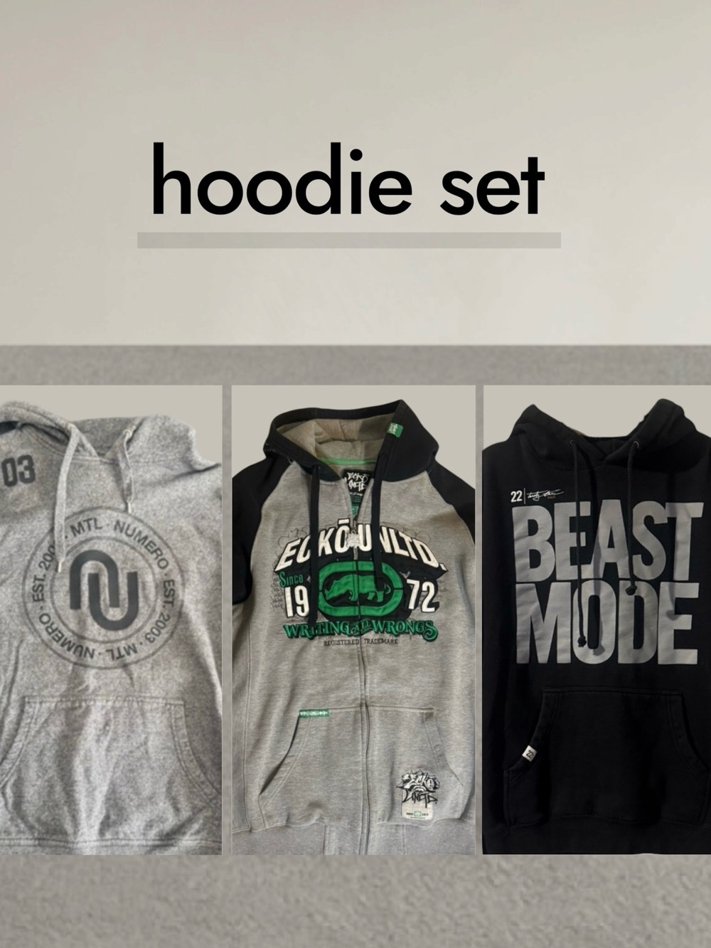Lot 3 Men’s Hoodies: Vintage Ecko Unltd Y2K, 22 Fresh Beast Mode, Numero Sz L/XL